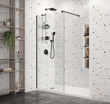 Modern wet room with a sleek glass shower screen and terrazzo tiles.