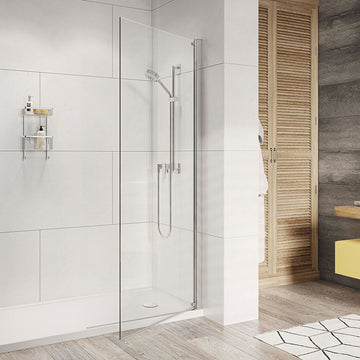 Modern bathroom with a sleek glass shower enclosure and wooden accents.