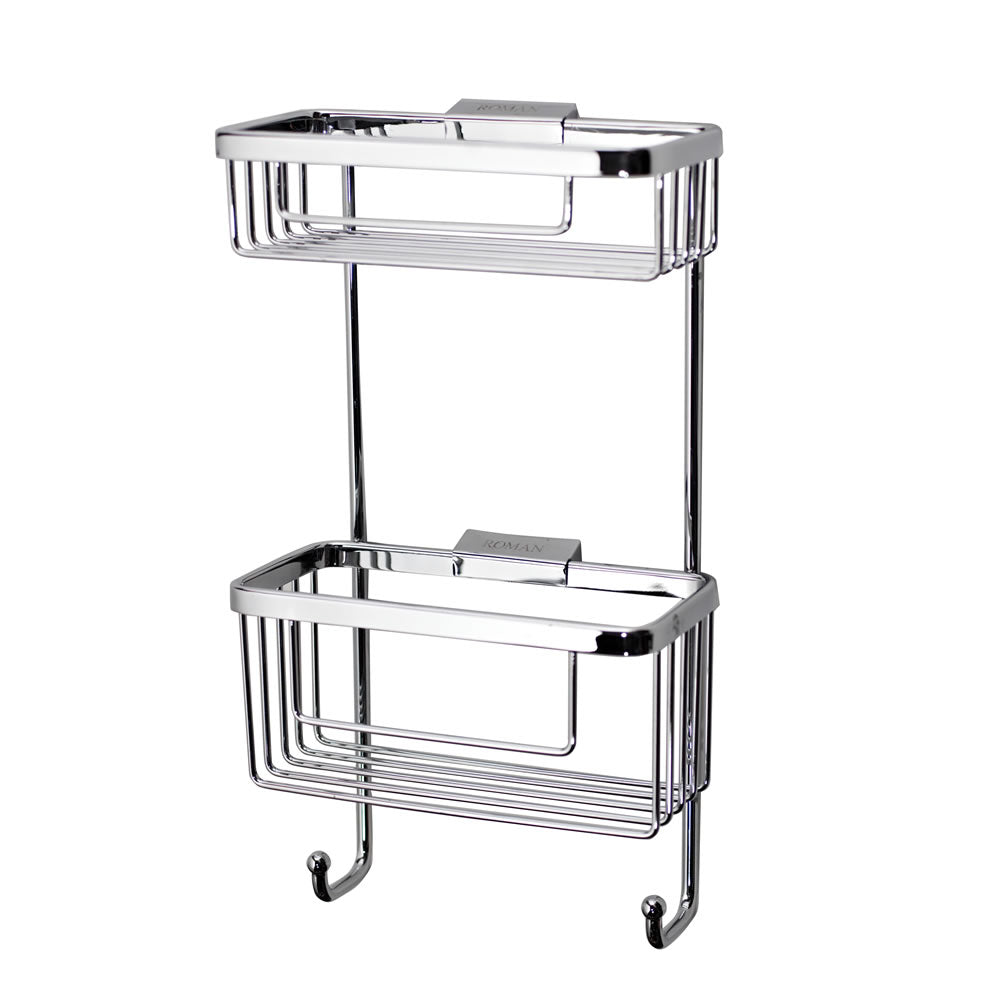 Two-tier chrome shower basket with hooks for bathroom storage.