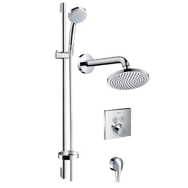 Modern chrome wet room shower set with adjustable handheld and wall-mounted heads.