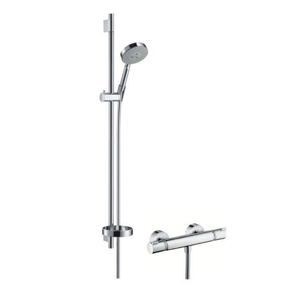 Sleek thermostatic mixing shower with adjustable handheld head.