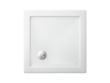 Square shower tray with a sleek design and central drain.