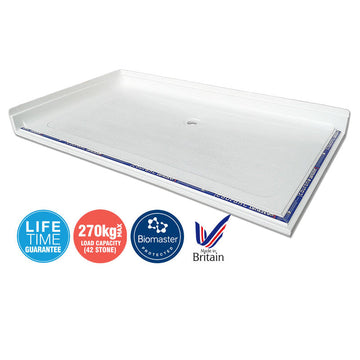 Level access shower tray with lifetime guarantee and Biomaster protection.