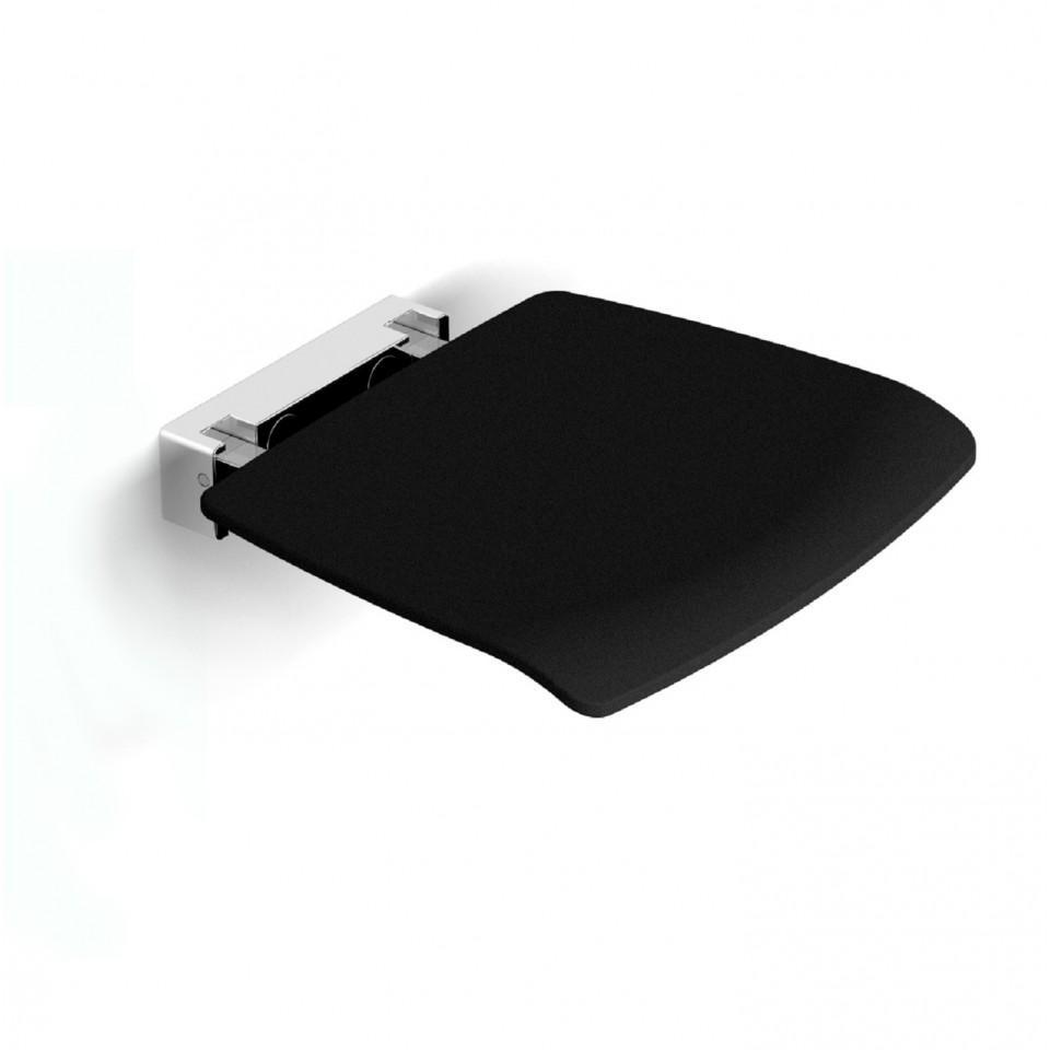 A sleek black wall-mounted shower seat for disabled and mobility support.