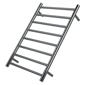 Sleek chrome heated towel rail with multiple horizontal bars.