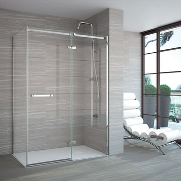 Modern frameless glass shower enclosure with sleek chrome fixtures.