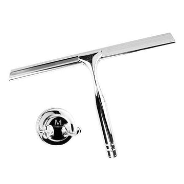 Sleek chrome shower squeegee with wall-mounted holder.