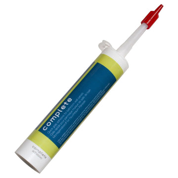 This is an image of a tube of sealant with a red nozzle, labeledcomplete.