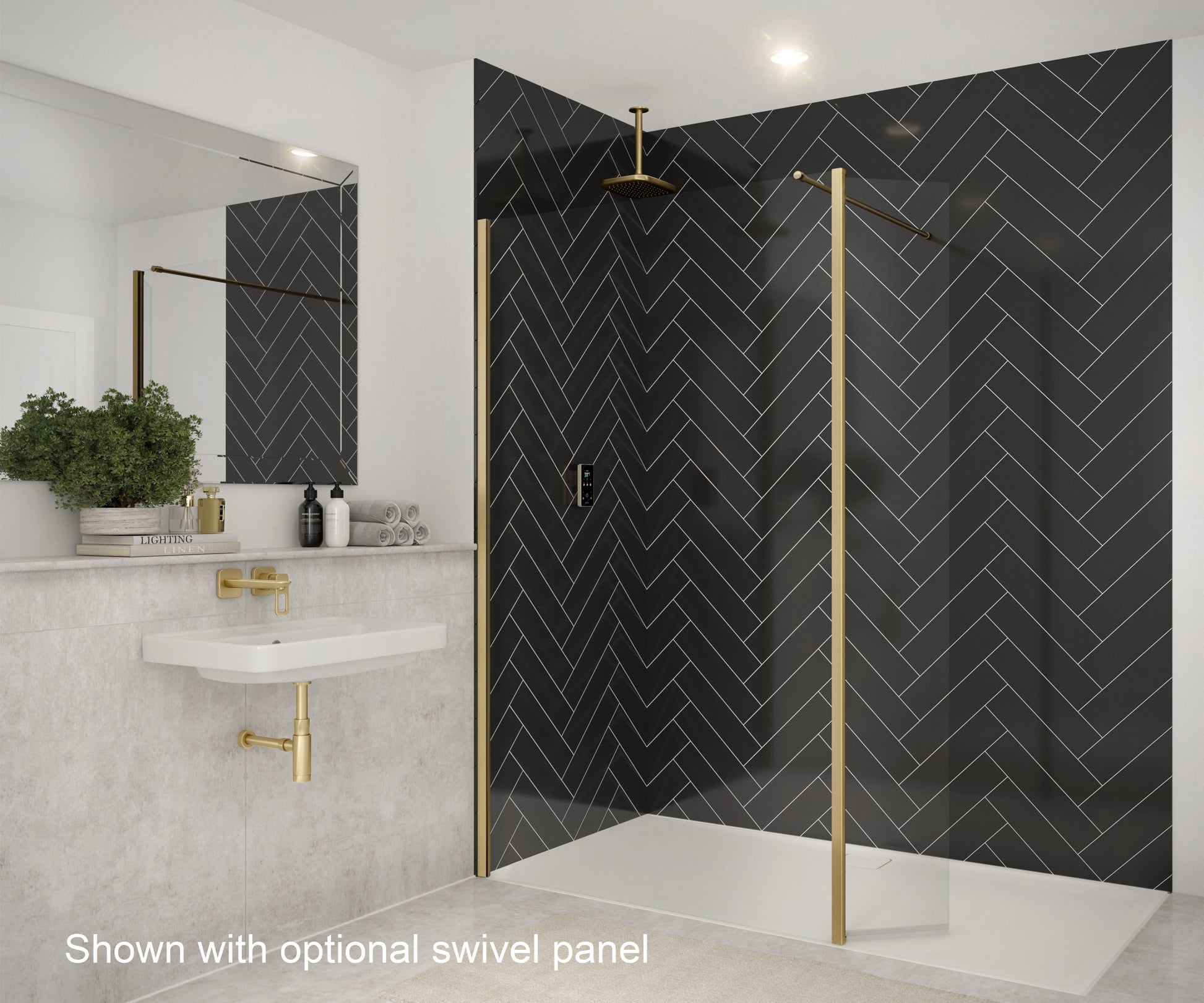 Merlyn 8mm wetroom panel shower screen with optional swivel panel. Brushed brass frame complements black herringbone tiles.