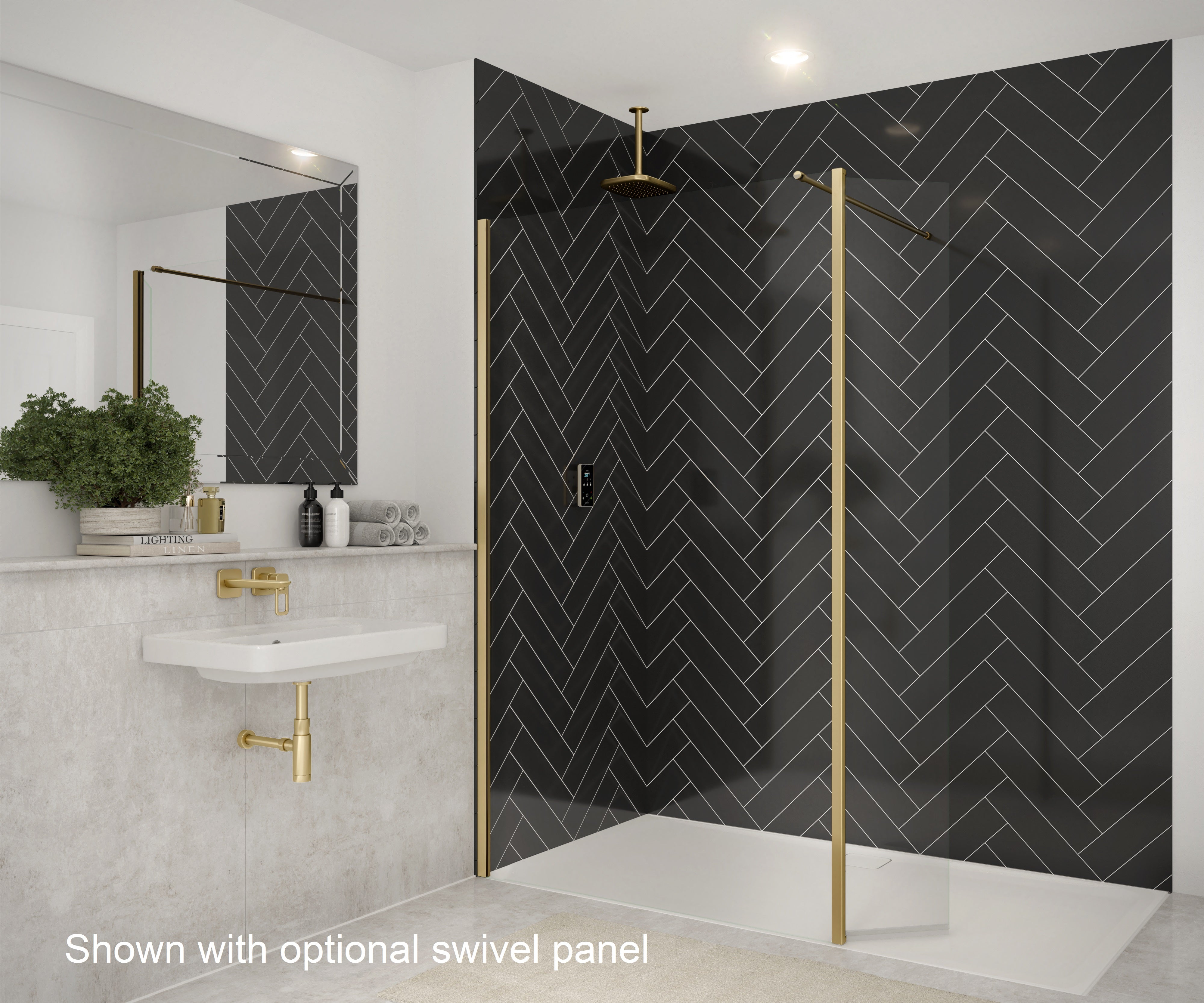 Merlyn 8mm wetroom panel shower screen with optional swivel panel. Brushed brass frame complements black herringbone tiles.
