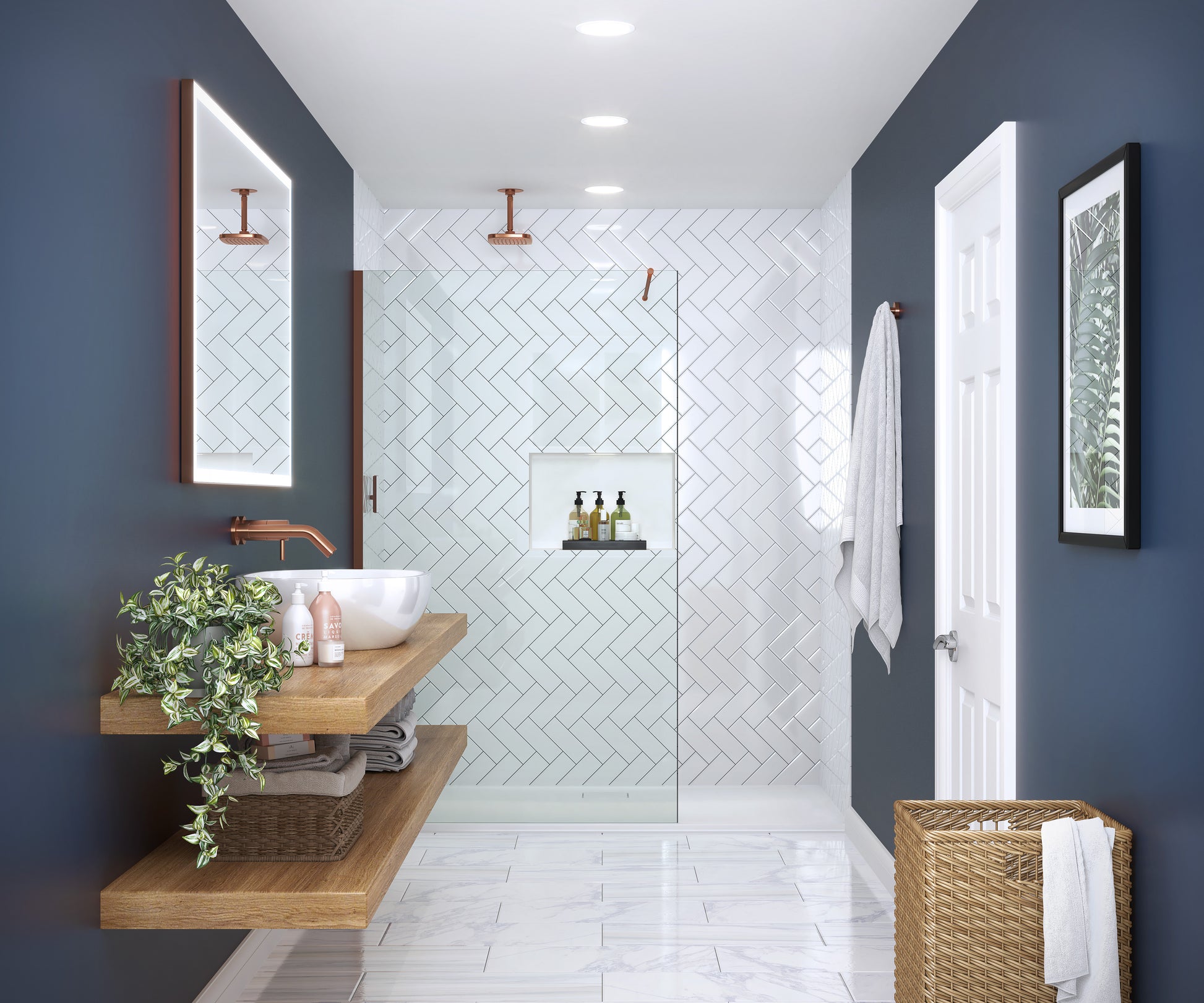 Elegant bathroom with Merlyn 8mm wetroom panel shower screen. White herringbone tiles, copper fixtures, and built-in shower niche.