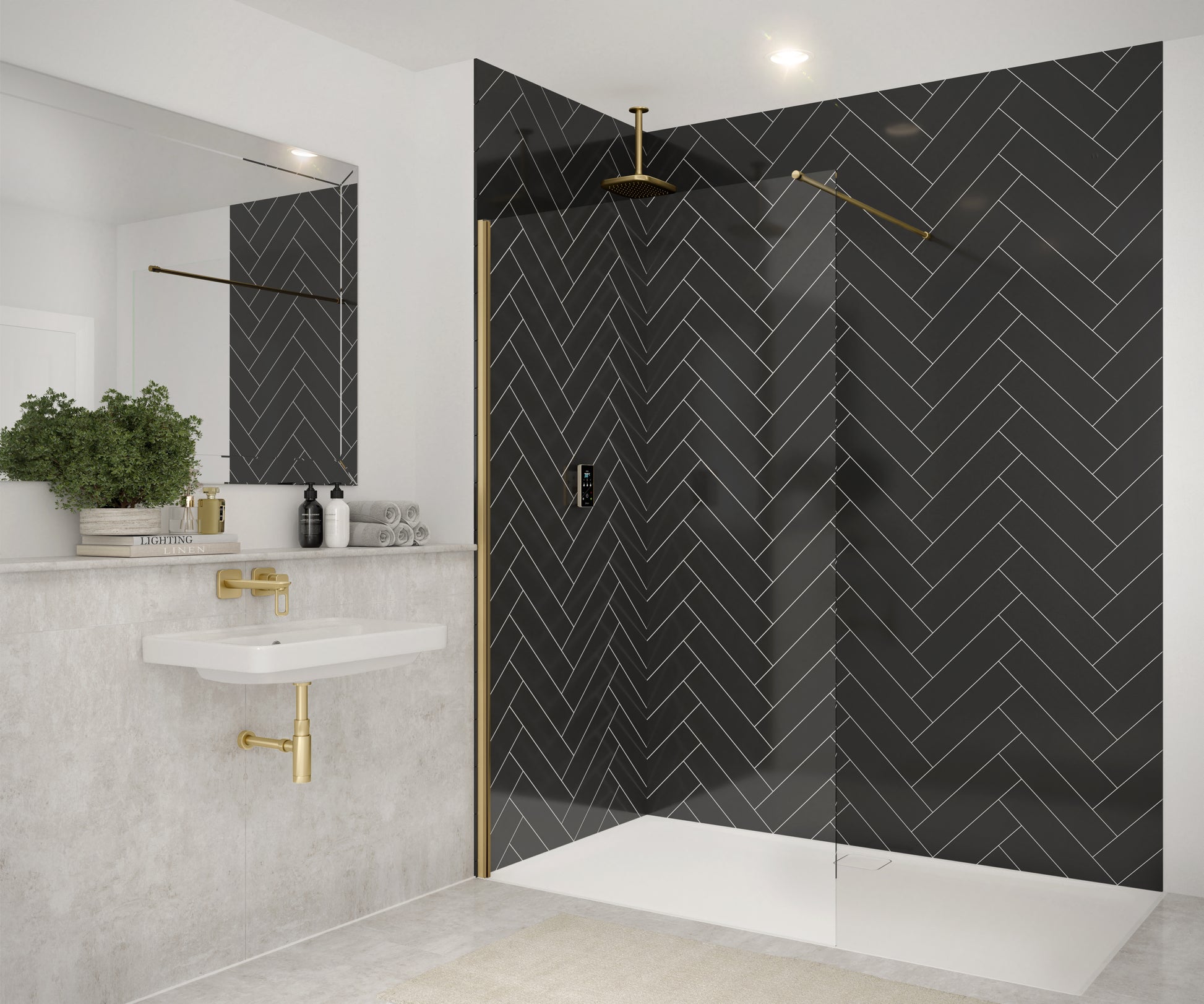 Merlyn 8mm wetroom panel shower screen with brushed brass frame in a black herringbone-tiled bathroom. Features a rainfall showerhead.