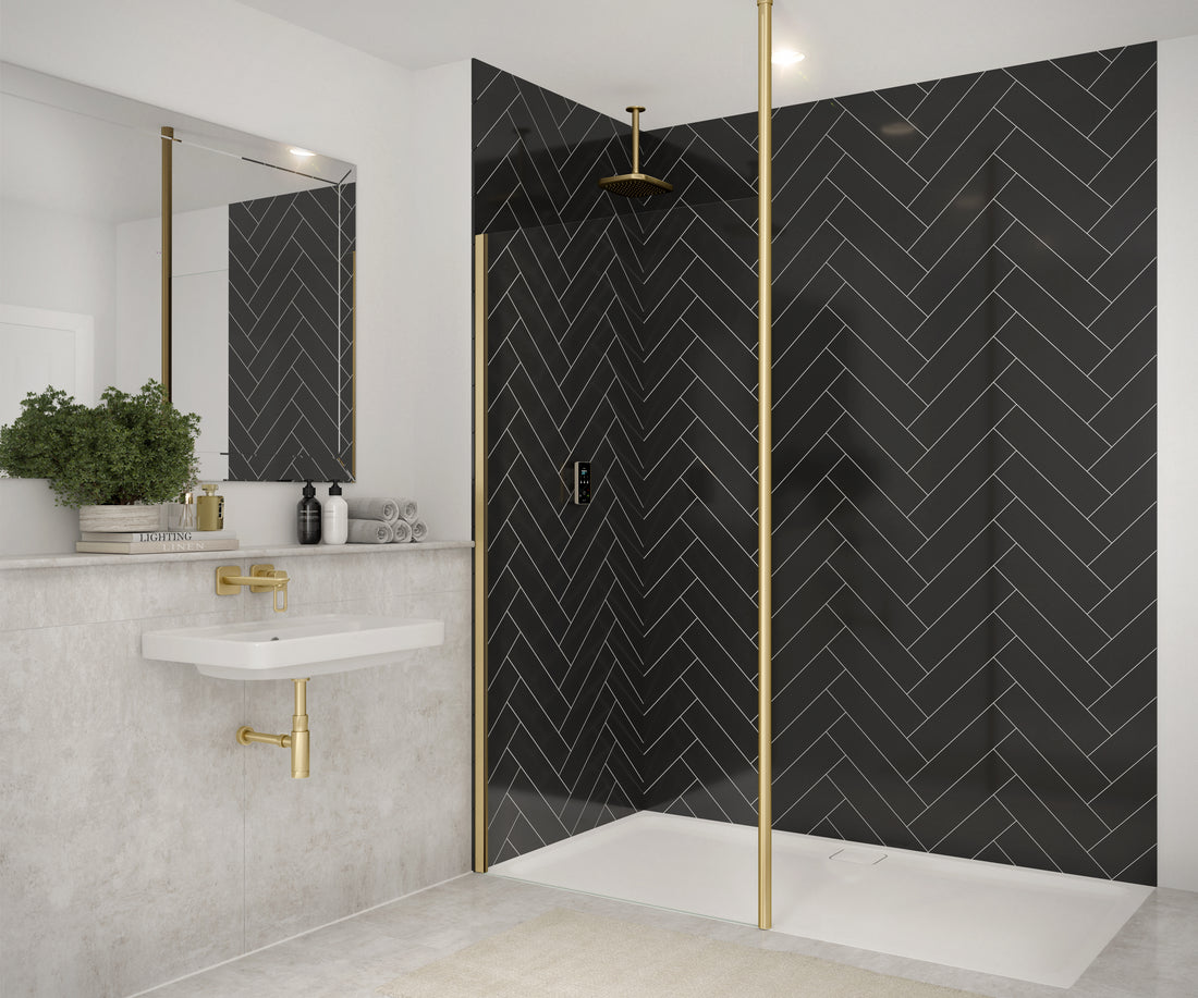 Merlyn Ionic shower screen with black floor-to-ceiling post