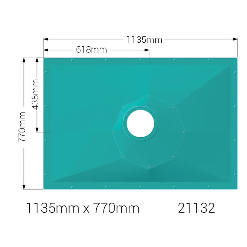 AKW Tuff Form8 wet room shower tray with octagonal waste plate, designed for wheelchair accessibility. Measures 1135 x 770 x 22mm.