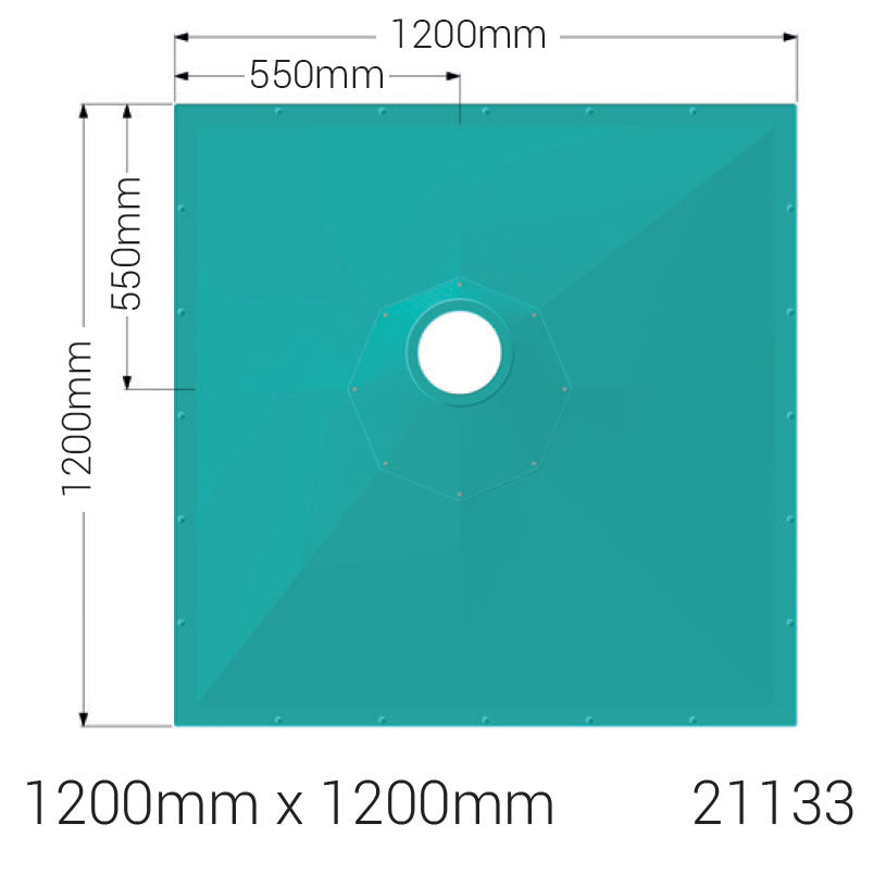 AKW Tuff Form8 wet room shower tray with an octagonal waste plate, designed for wheelchair accessibility. Measures 1200 x 1200 x 22mm.