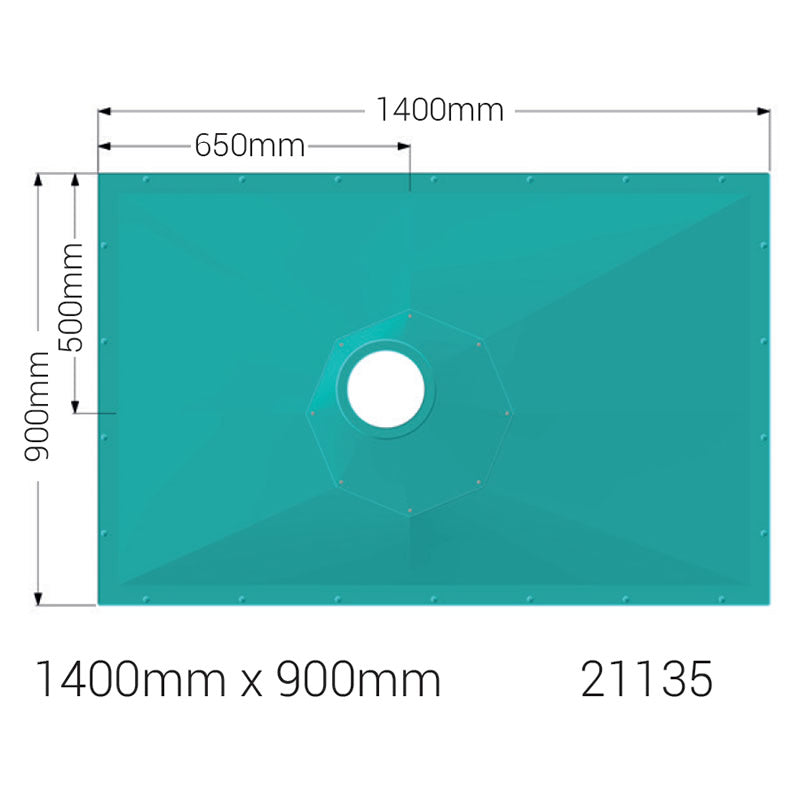 AKW Tuff Form8 wet room shower tray 1400 x 900 x 22mm with rotating octagonal waste plate for flexible installation.