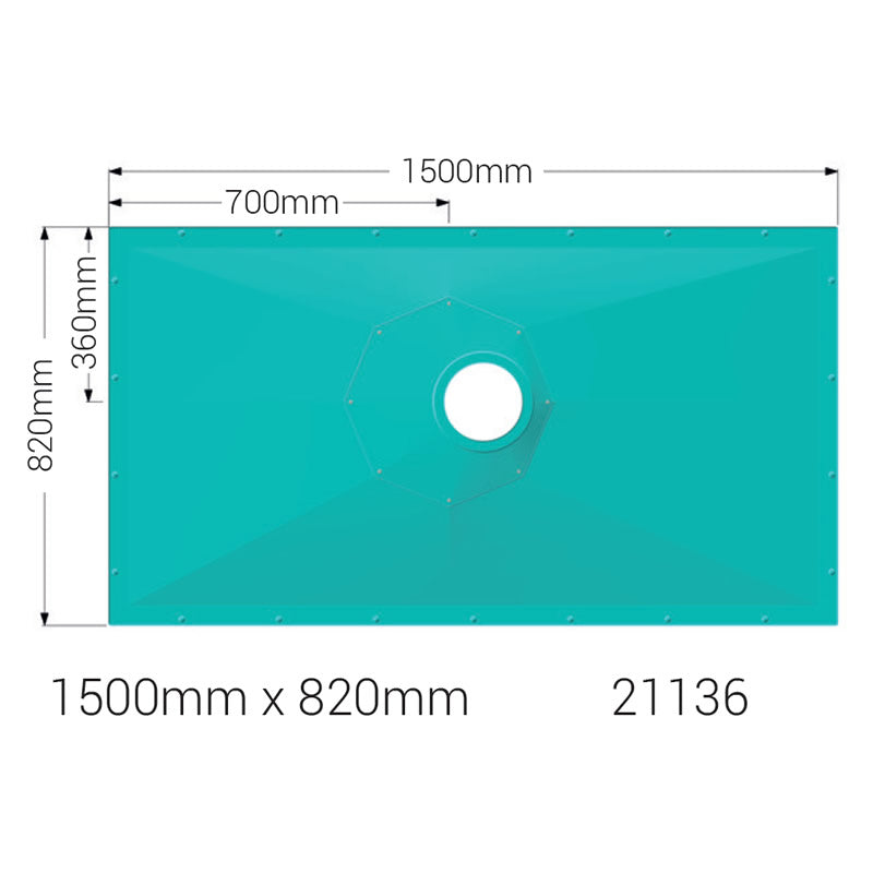 AKW Tuff Form8 wet room shower tray with octagonal waste plate, designed for wheelchair access and vinyl or tiled flooring. Size: 1500 x 820 x 22mm.