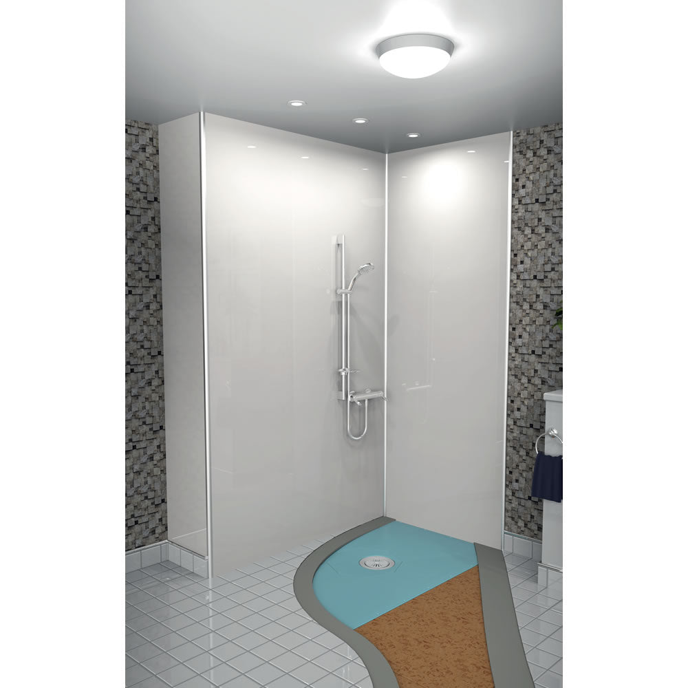 Illustration of an installed AKW Tuff Form8 wet room shower tray with a cross-section view, demonstrating its seamless integration into a modern bathroom.