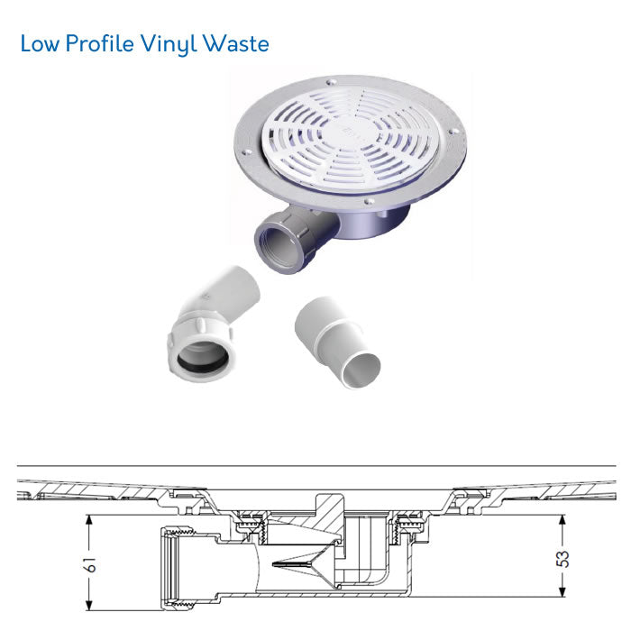 Low-profile vinyl waste for the AKW Tuff Form8 wet room tray, designed for efficient drainage with a round stainless steel cover.