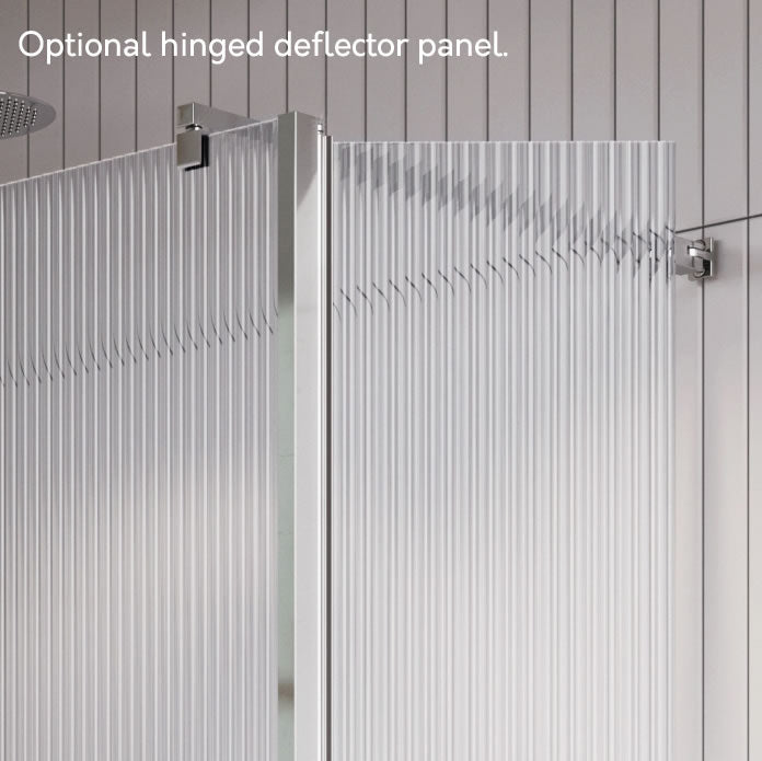 Roman Liberty Pivoting Shower Screen Deflector Panel in fluted glass with a hinged design, providing extra splash protection in a modern bathroom.