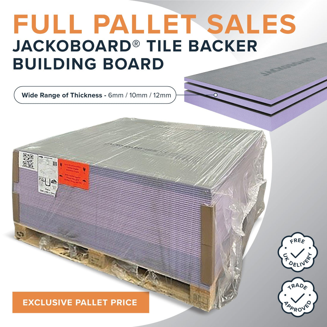 Full pallet of JACKOBOARD Plano Construction Boards 1200x600x12mm, shrink-wrapped on a wooden pallet. Water-resistant tile backer boards for tiling, rendering, or plastering.