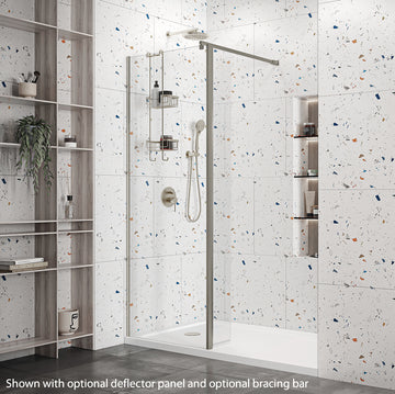 Roman Haven Wetroom Shower Screen Panel 900mm with reduced height of 1880mm, featuring a chrome wall fixing profile. Shown with an optional deflector panel and bracing bar.