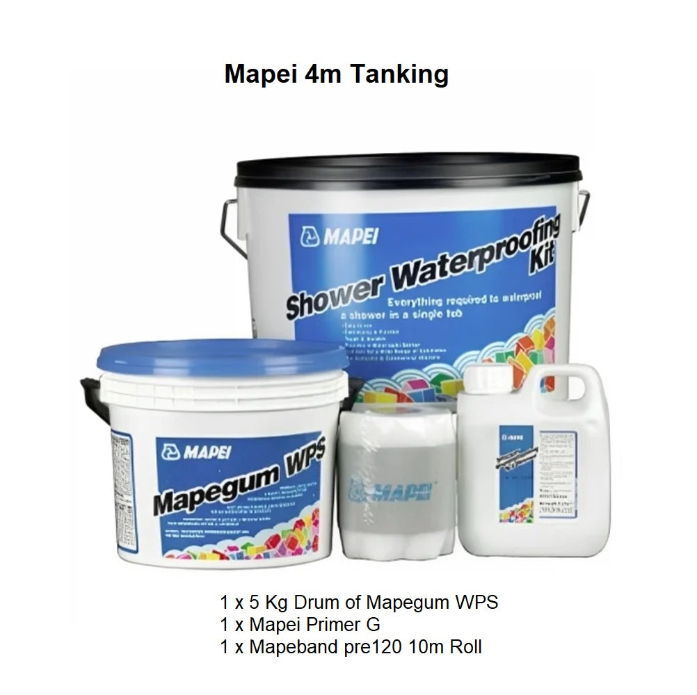 Extra Mapei Tanking shower waterproofing kit, including Mapegum WPS, Mapei Primer G, and Mapeband pre120 10m roll for wet room sealing.