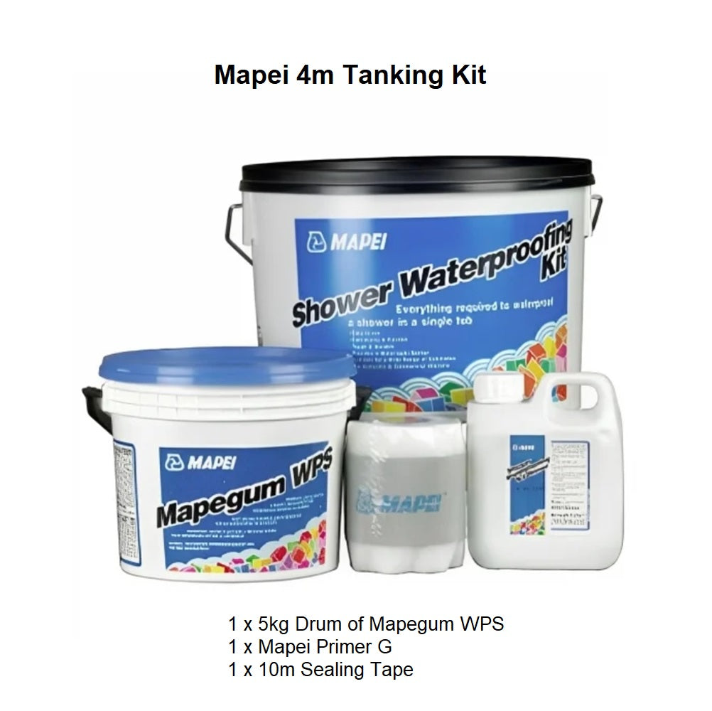 Mapei 4m Tanking Kit for waterproofing wet rooms, including Mapegum WPS, Mapei Primer G, and sealing tape. Ideal for shower and bathroom protection.