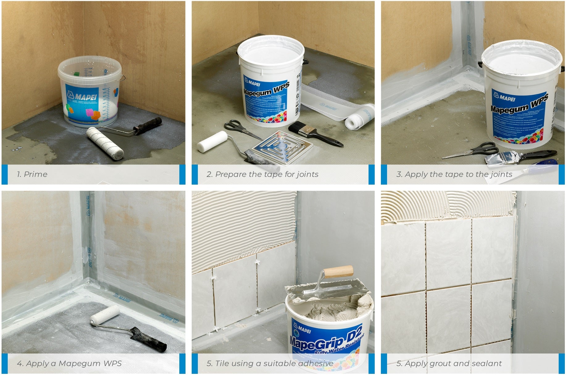 Step-by-step application of Mapei 4m Tanking Kit for waterproofing, showing priming, sealing joints, applying Mapegum WPS, tiling, and sealing.