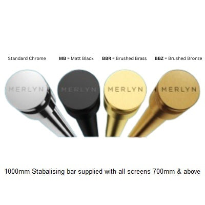 Merlyn 8mm wetroom panel stabilizing bar options in chrome, matt black, brushed brass, and brushed bronze. Supplied with screens 700mm & above.