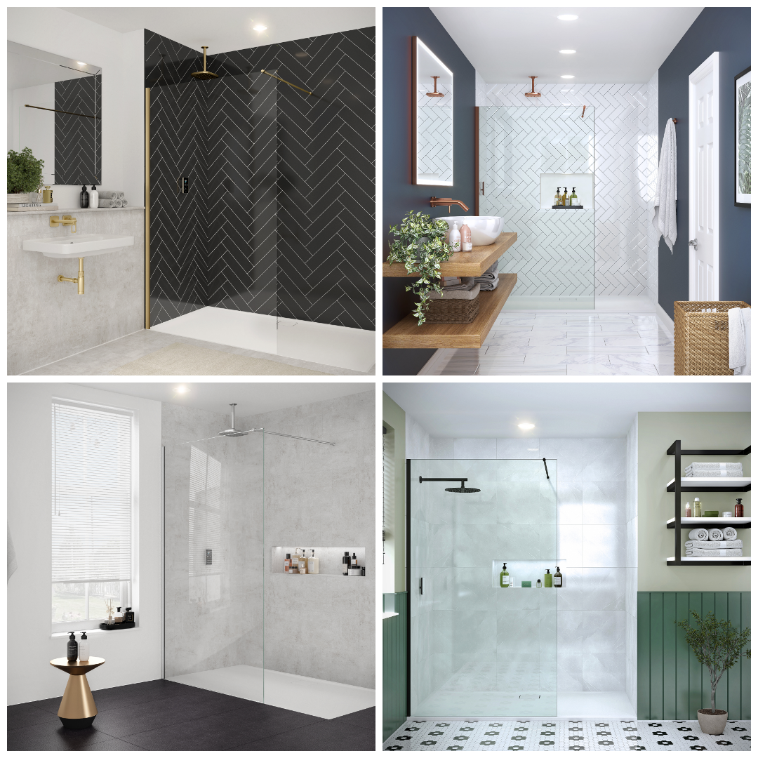 Collage of Merlyn 8mm wetroom panel shower screens in various bathroom settings. Showcases different styles and finishes.