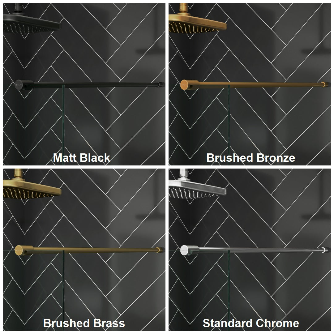 Comparison of Merlyn 8mm wetroom panel stabilizing bars in matt black, brushed bronze, brushed brass, and standard chrome finishes.