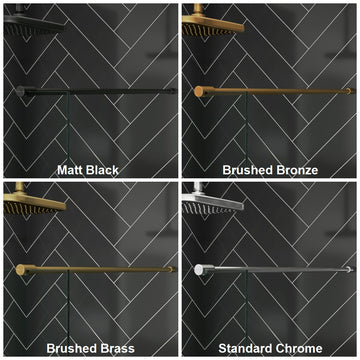 Comparison of Merlyn 8mm wetroom panel stabilizing bars in matt black, brushed bronze, brushed brass, and standard chrome finishes.