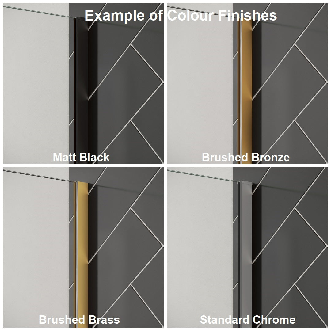 Merlyn Ionic shower screen color finishes: black, bronze, brass, chrome