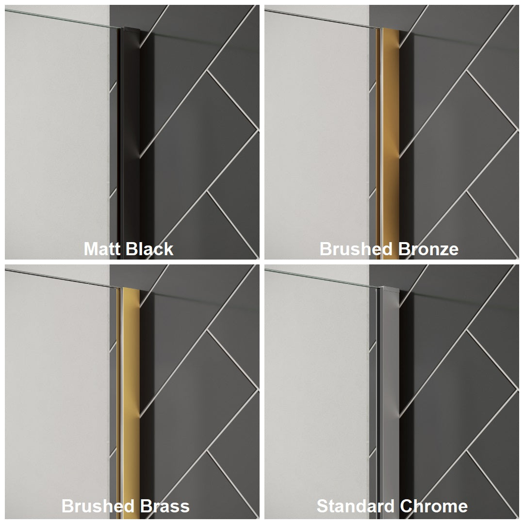 Close-up of Merlyn 8mm wetroom panel shower screen frame options in matt black, brushed bronze, brushed brass, and standard chrome.