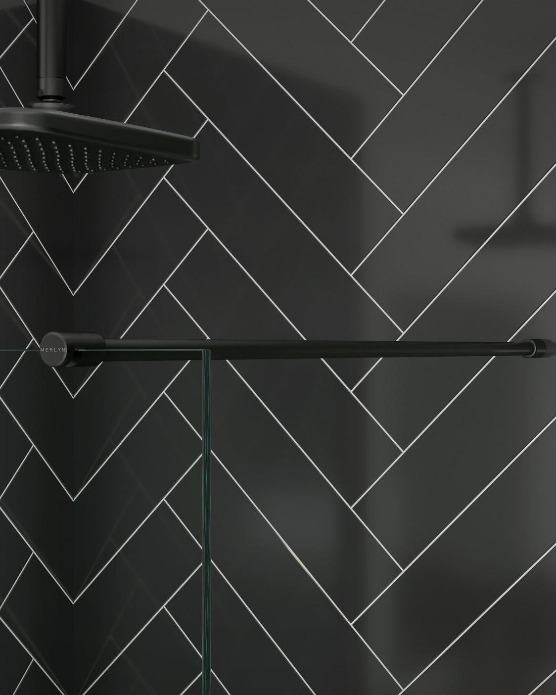 Comparison of Merlyn 8mm wetroom panel stabilizing bars in matt black, brushed bronze, brushed brass, and standard chrome finishes.