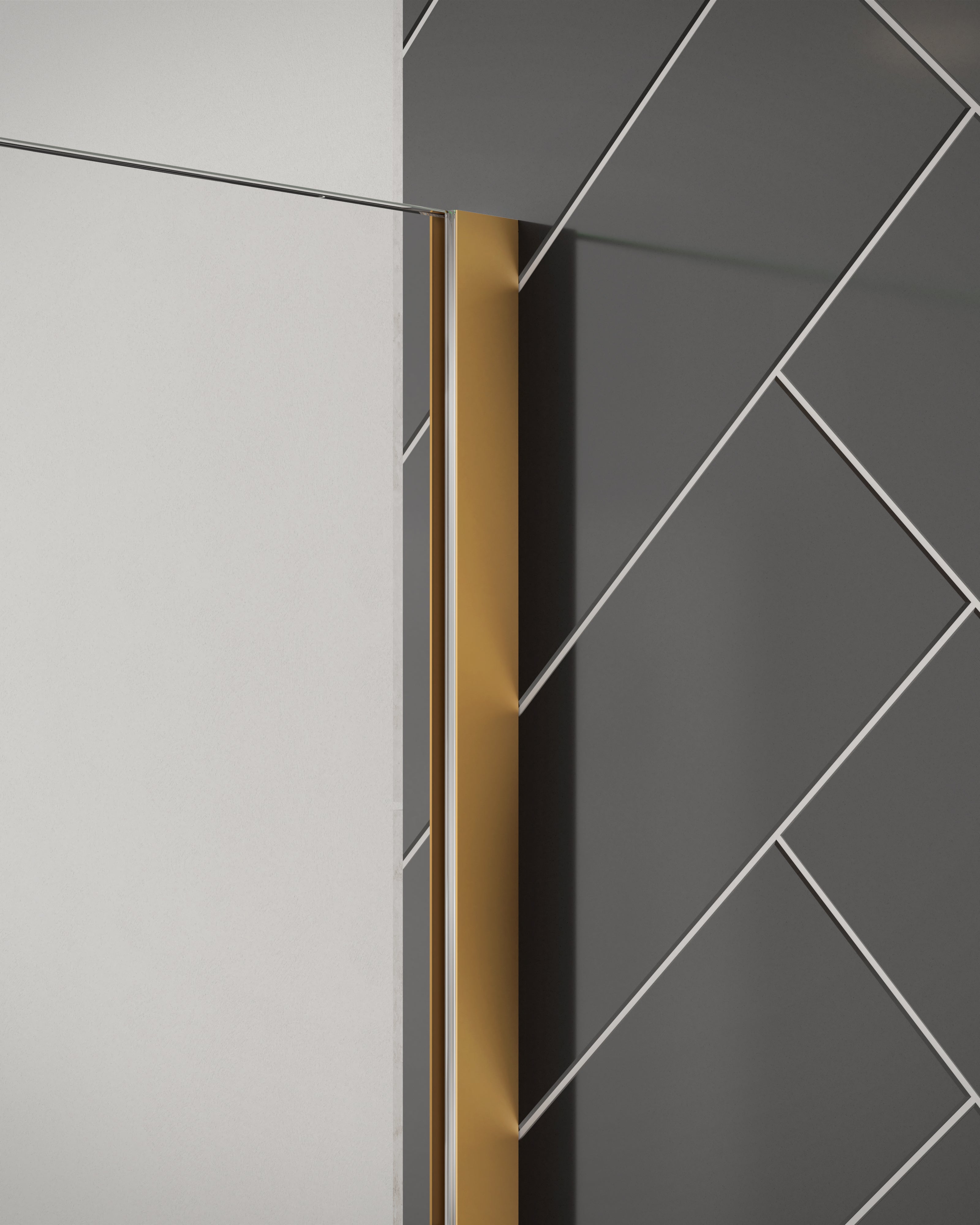 Close-up of Merlyn 8mm wetroom panel shower screen with brushed bronze wall profile. Installed against black herringbone tiles.
