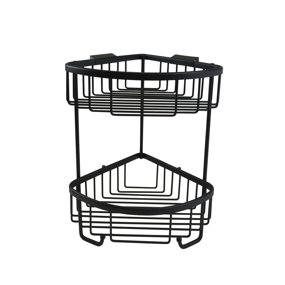 Roman Double Corner Hanging Shower Basket with Hooks in matt black finish. Designed for efficient shower storage with two-tier shelving and built-in hooks.