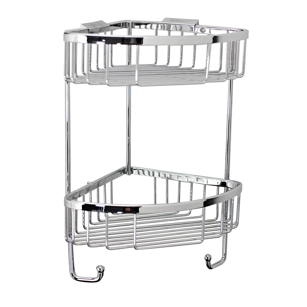 Roman Double Corner Hanging Shower Basket with Hooks in polished chrome finish. Features two-tier storage with integrated hooks for organizing shower essentials.