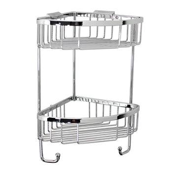 Roman Double Corner Hanging Shower Basket with Hooks in polished chrome finish. Features two-tier storage with integrated hooks for organizing shower essentials.