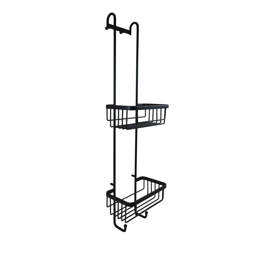 Roman Double Hanging Shower Basket with Hooks in matt black finish. A sleek and modern shower accessory with two-tier storage and hooks, ideal for organizing bathroom essentials.