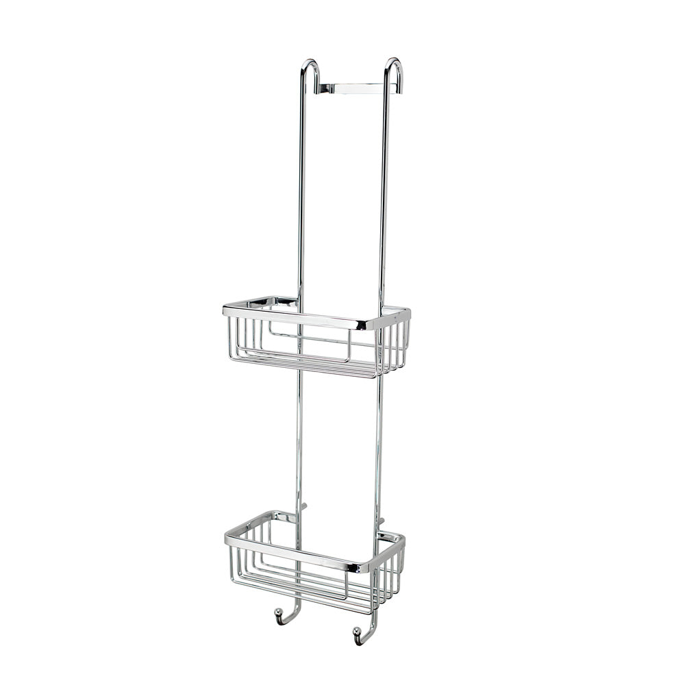 Roman Double Hanging Shower Basket with Hooks in polished chrome finish. Features two spacious baskets and hooks for extra storage, designed to hang over a shower screen without drilling.