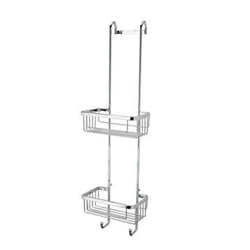 Roman Double Hanging Shower Basket with Hooks in polished chrome finish. Features two spacious baskets and hooks for extra storage, designed to hang over a shower screen without drilling.