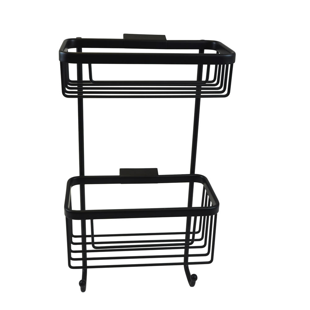 Roman Double Rectangular Hanging Shower Basket with Hooks in polished chrome finish. Features two spacious tiers and integrated hooks for added storage.