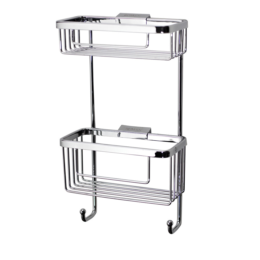 Roman Double Rectangular Hanging Shower Basket with Hooks in polished chrome finish. Features two spacious tiers and integrated hooks for added storage.