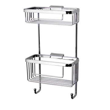 Roman Double Rectangular Hanging Shower Basket with Hooks in polished chrome finish. Features two spacious tiers and integrated hooks for added storage.