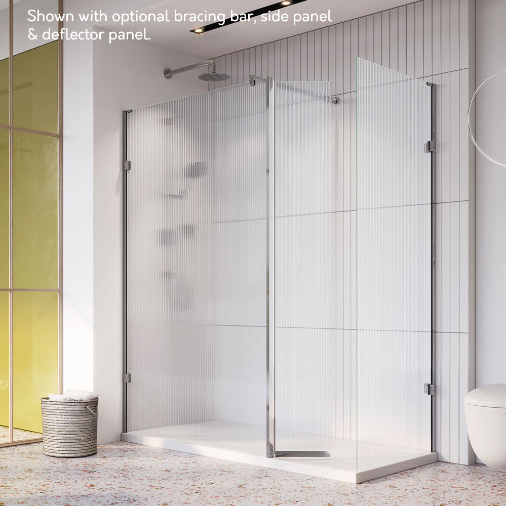 Roman Liberty Pivoting Shower Screen Deflector Panel in fluted glass with a hinged design, providing extra splash protection in a modern bathroom.
