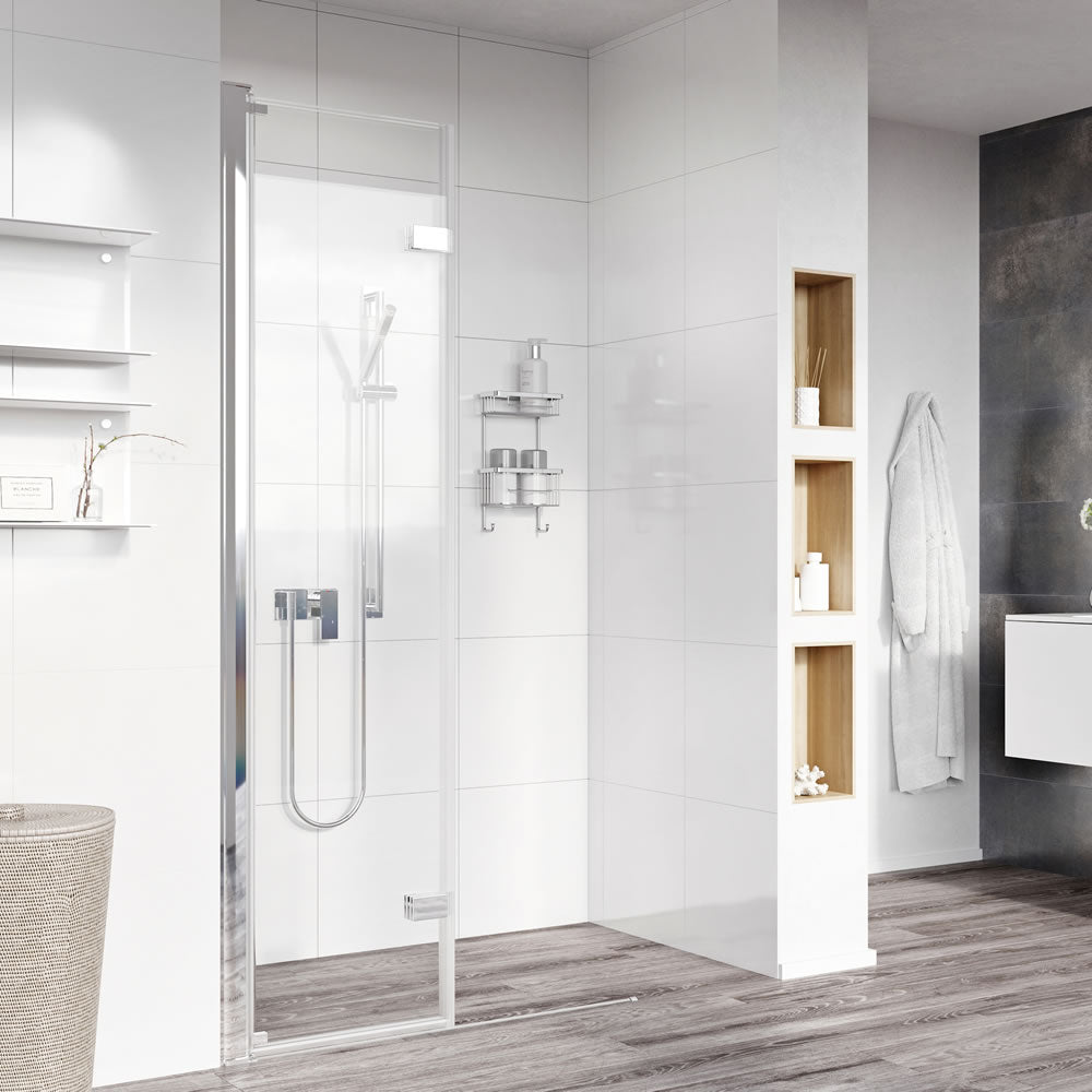 Roman Innov8 BiFold Folding Wet Room Shower Screen Panel 900mm, featuring a sleek frameless design with a clear glass finish for modern bathrooms.