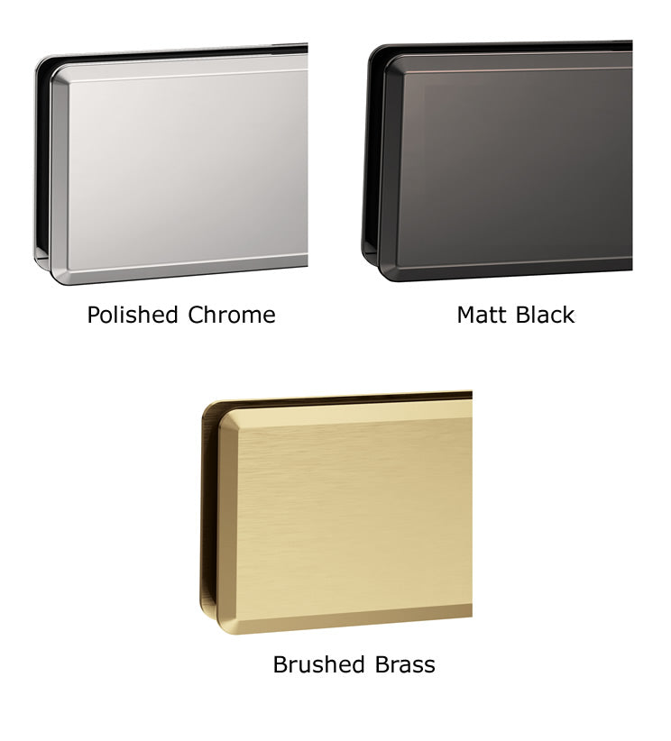 Close-up of Roman Innov8 Framed Wet Room Shower Screen Panel frame finishes in Polished Chrome, Matt Black, and Brushed Brass for a stylish bathroom design.