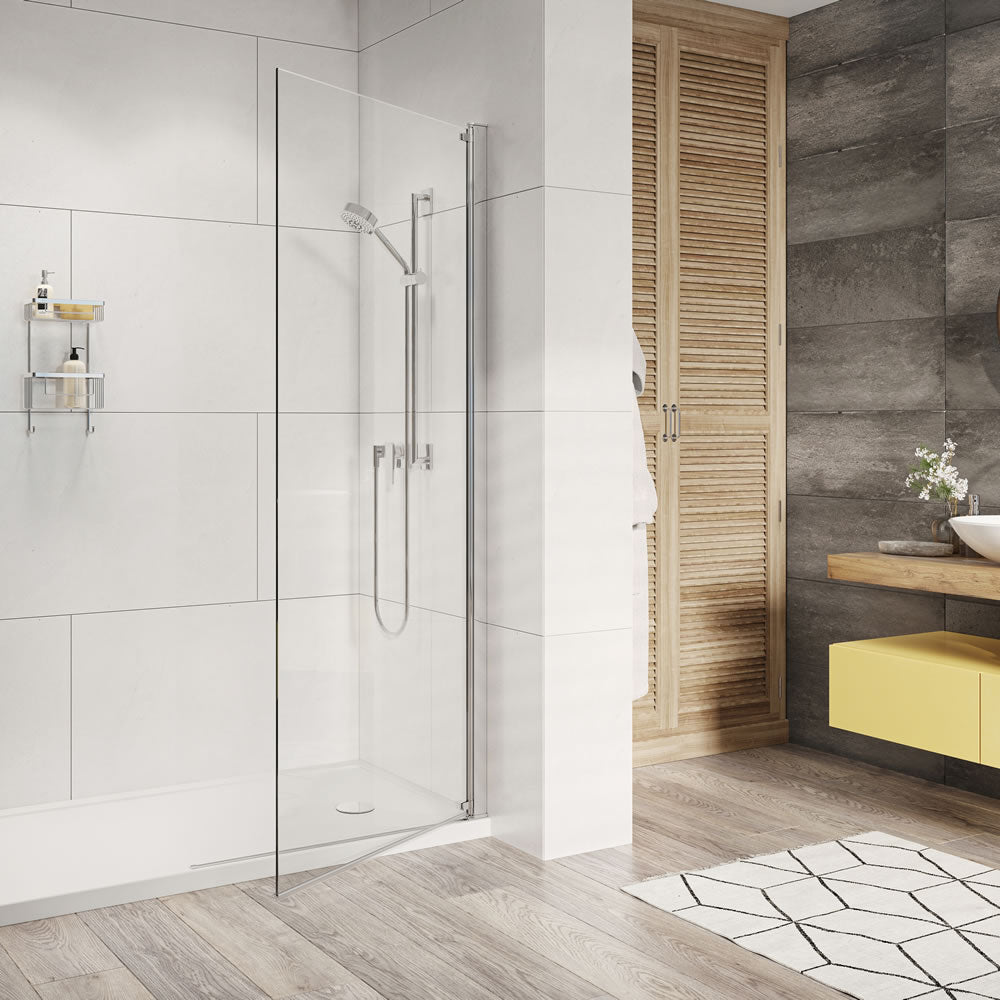 Roman Innov8 Pivoting Wet Room Shower Screen Panel in 400mm size, featuring a frameless design with 180° pivoting action for easy access. Installed in a modern bathroom with a shower tray and sleek fixtures.
